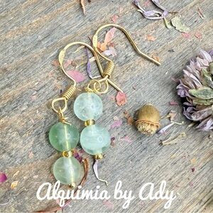 SUMMER GLAM + Translucent Green fluorite and gold  Earrings